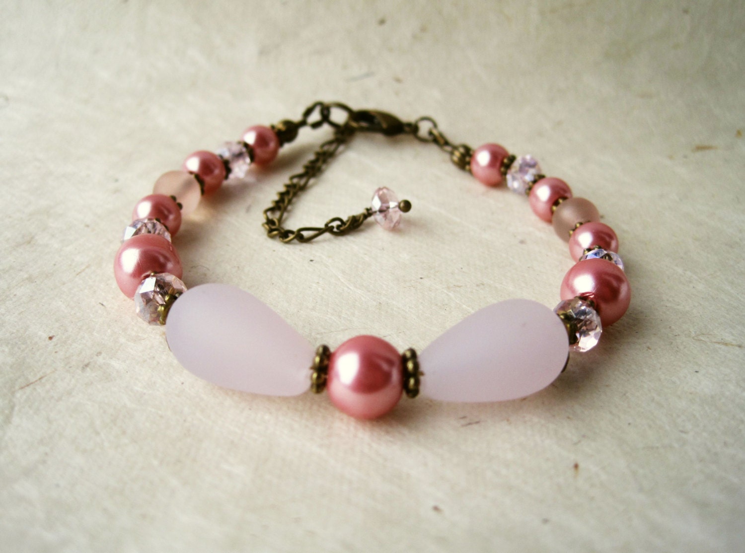 Pink Teardrop Bracelet. Pastel Pink Bracelet. Baby Pink Sea Glass Bracelet. Downton Abbey. Blush Pink Pearl Bracelet. Bridesmaid Jewelry.