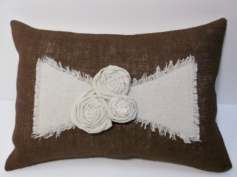 Burlap and canvas flower pillow cover, lumbar pillow cover, handmade home decor, canvas embellishments