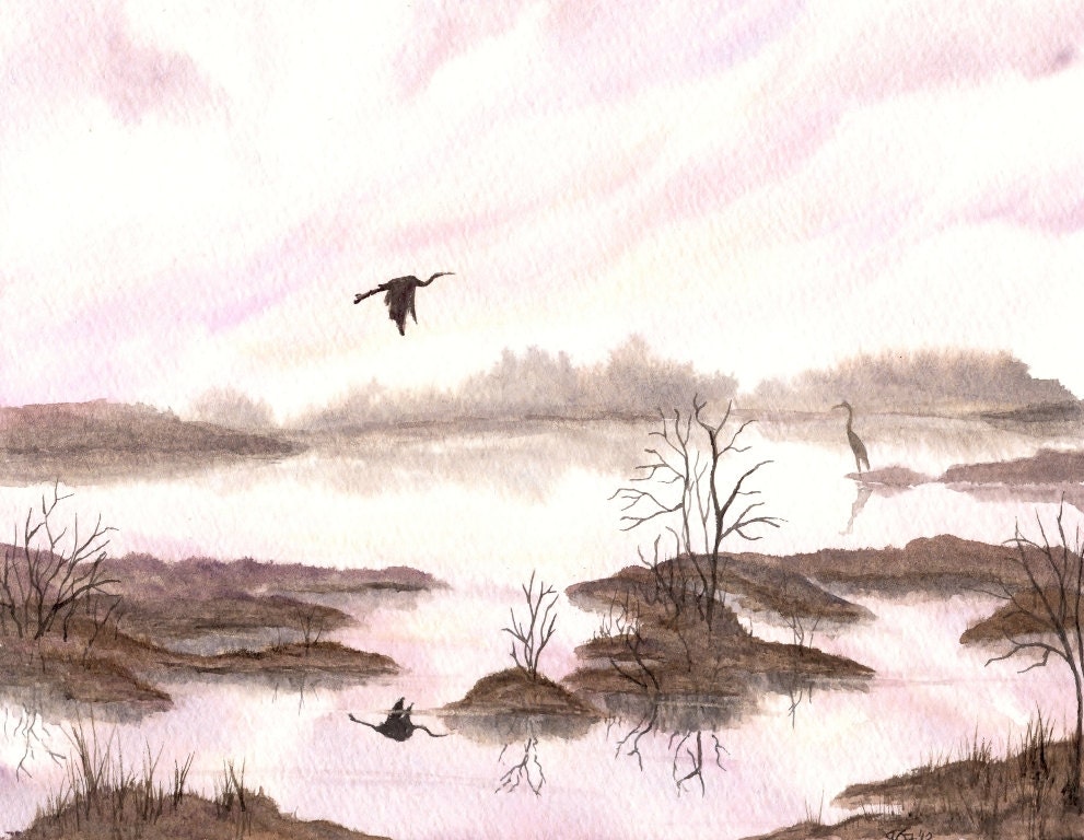 Original Watercolor Painting, Sunrise Lake Landscape, Calm Water, Pink Sky Fine Art, Nature Fine Art, Bird Art, Brown, Watercolor 8" X 10"