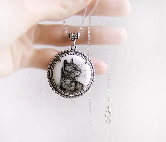Animal Necklace Cat Portrait,  black&white, original miniature hand drawing, silvertone, gift for pet lovers