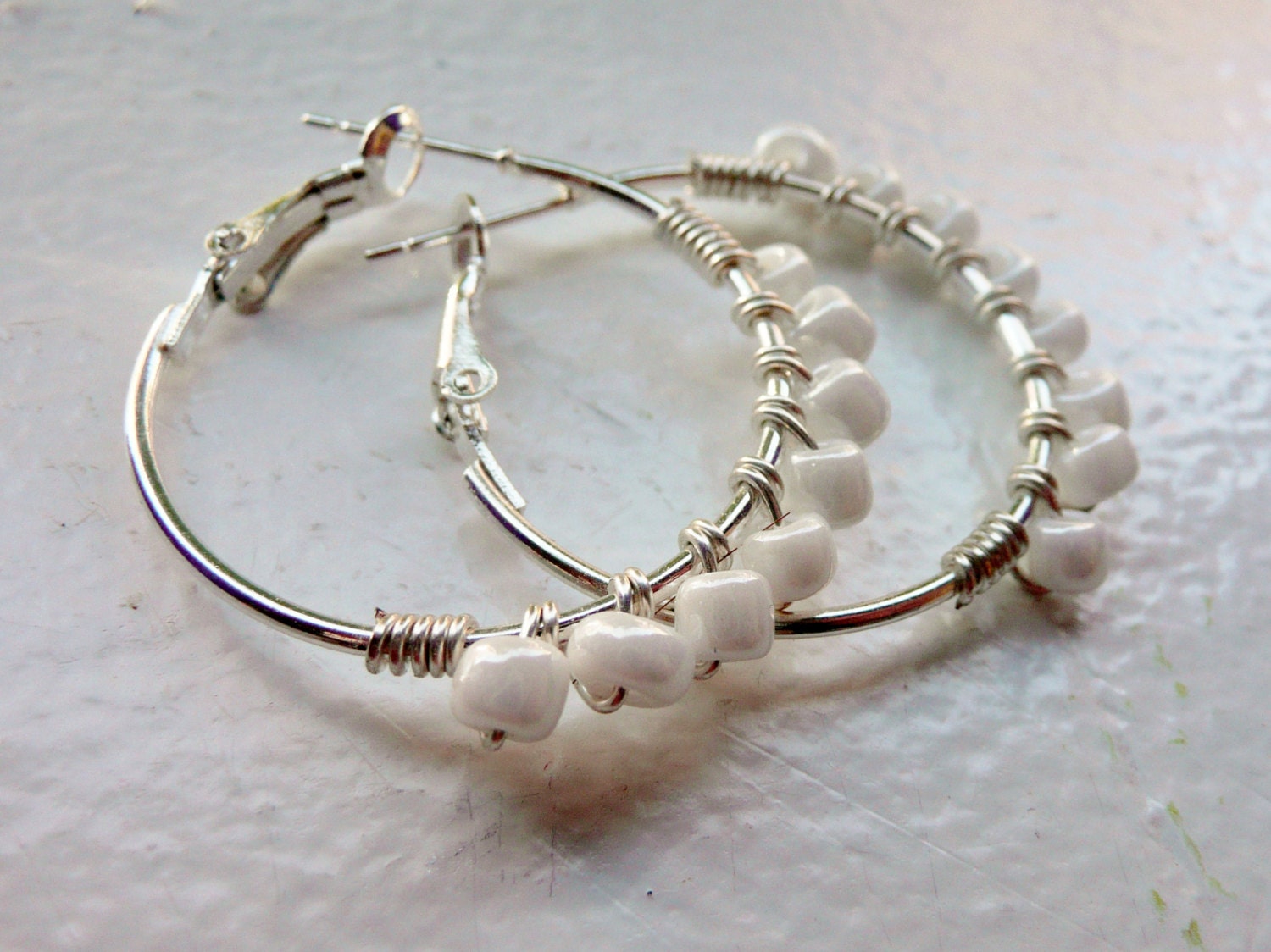 Silver Wire Wrapped Hoops with Shiny White Seed Beads