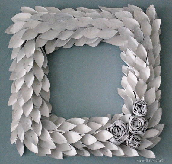 white painted newspaper square wreath- 18 inch - rosette and leaf