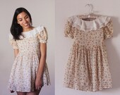 Vintage 90's babydoll white chiffon ruffle collar floral puff sleeve mini dress