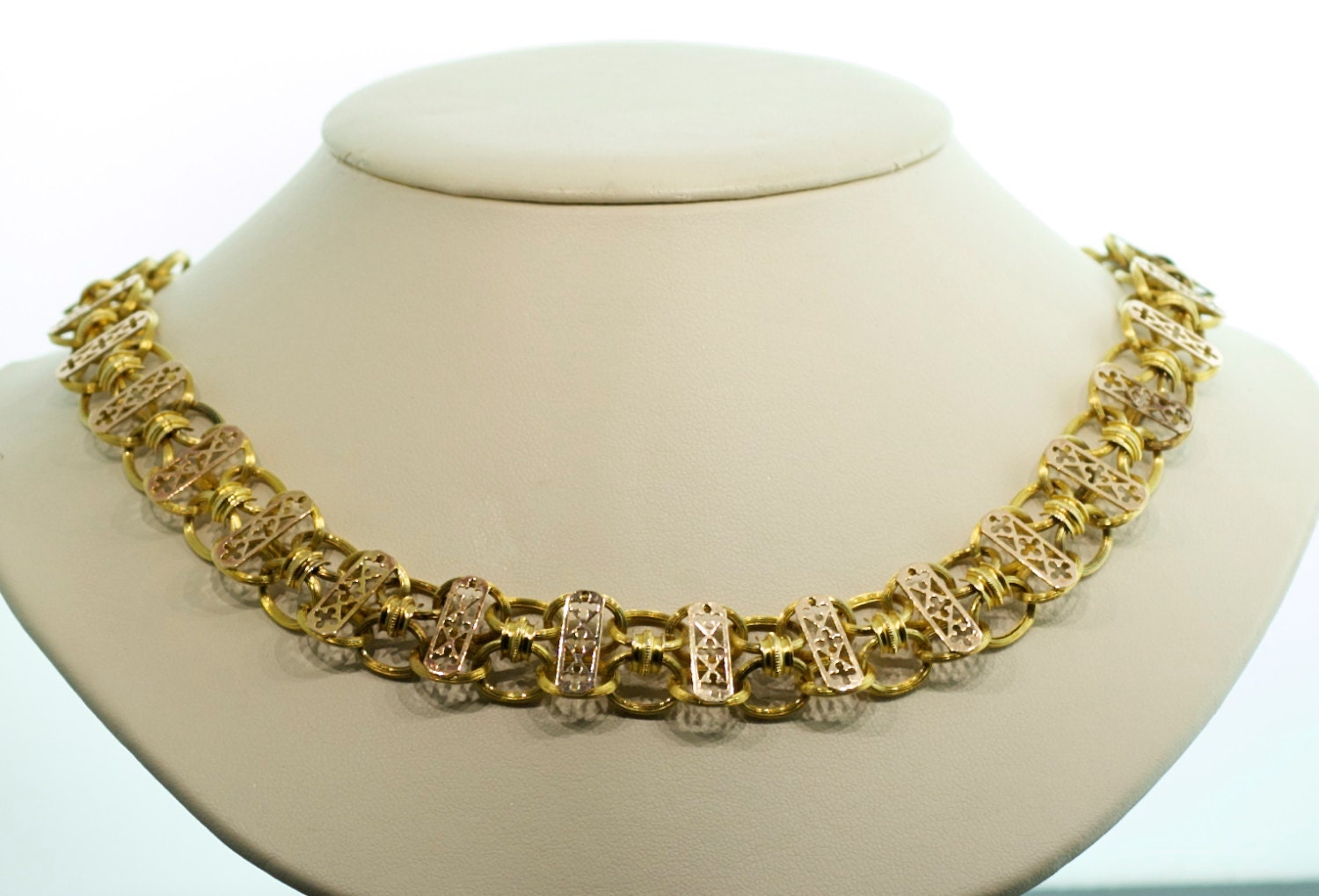 Antique Handmade Victorian Necklace - Pierced Cloverleaf Design in 18K Yellow and Rose Gold