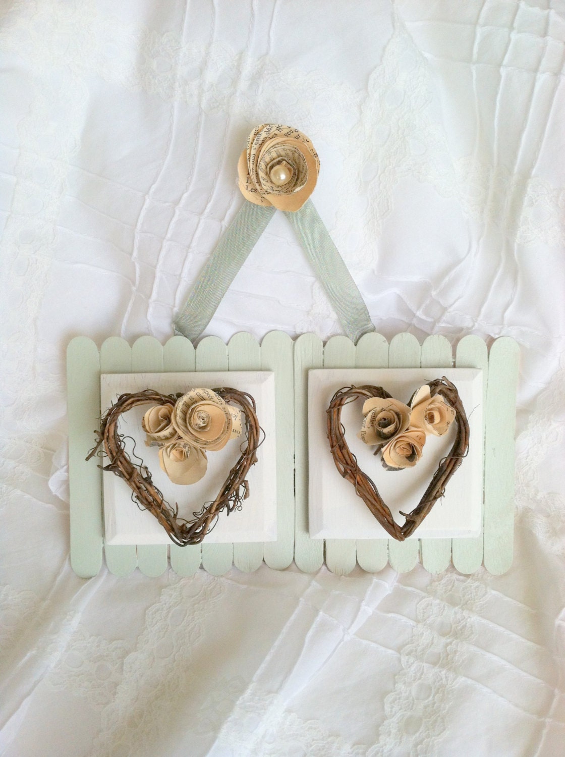Vintage French Paper Roses/Heart Wreath Wall Decor/Cottage Style/Shabby Chic