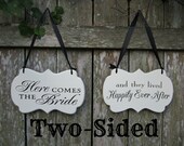 Two Sided Here Comes the Bride / and they lived Happily Ever After Wedding Sign, Wooden Flower Girl / Ring Bearer Sign