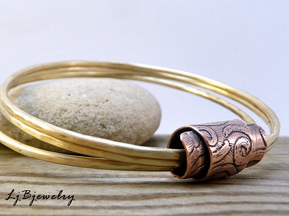 Triple Bangle, Stacking Bangles, Mixed Metals, Brass, Copper, Sterling Silver, Etched tube bead