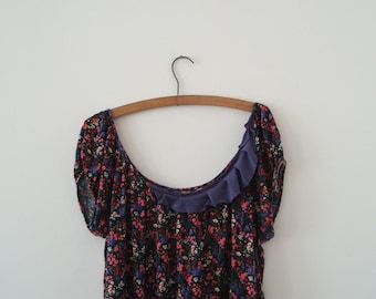 Upcycled Woman's Clothing Romantic Eco Tunic Oversized Floral Purple Ruffled handmade in UK OOAK