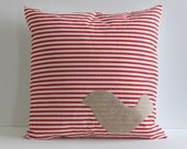 off white bird applique on red and white striped pillow cover , 20X20