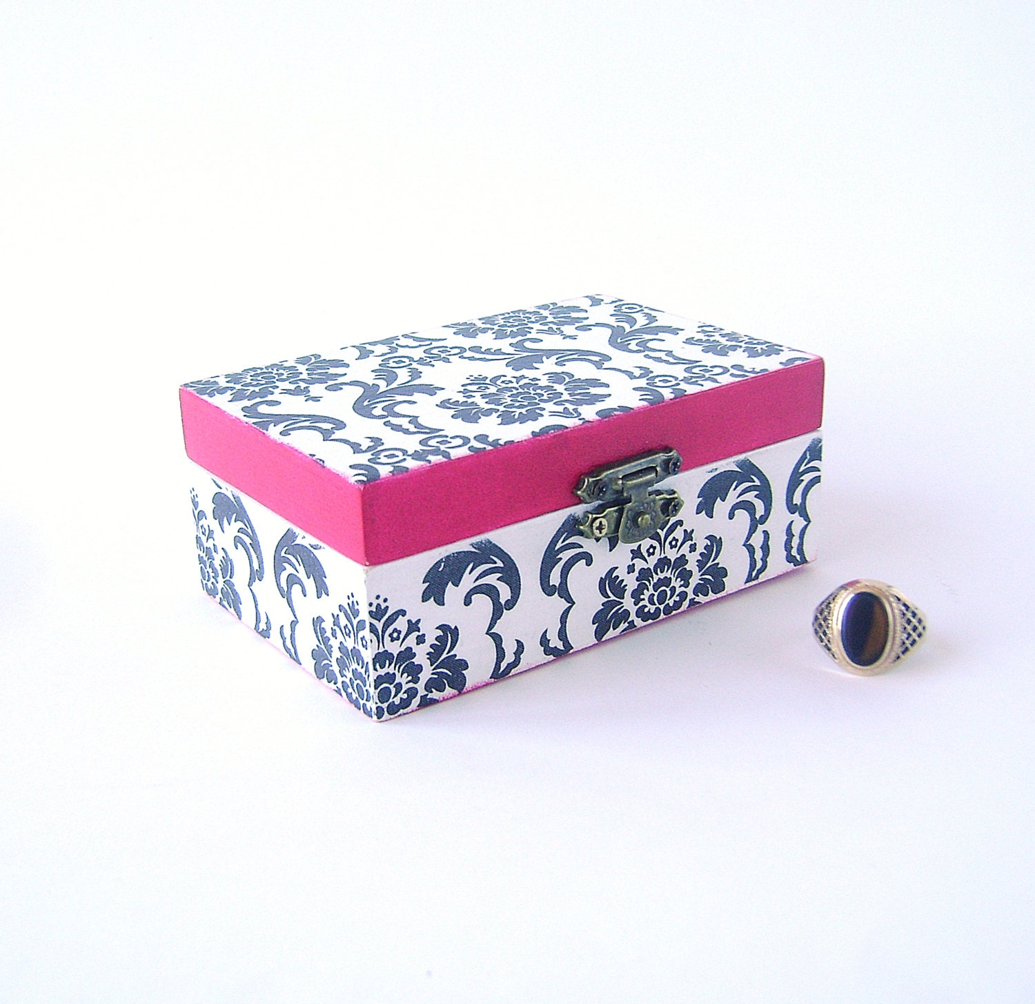 Damask Ring Bearer Box, Pillow Alternative, Black White Wedding box, Fuchsia Hot  Pink Jewelry Wooden Box,proposal ring box