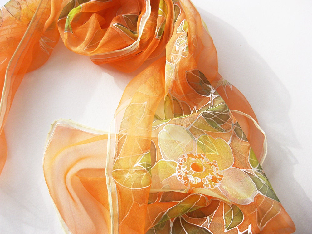 Orange Silk scarf hand painted on chiffon Spring fashion - made TO ORDER