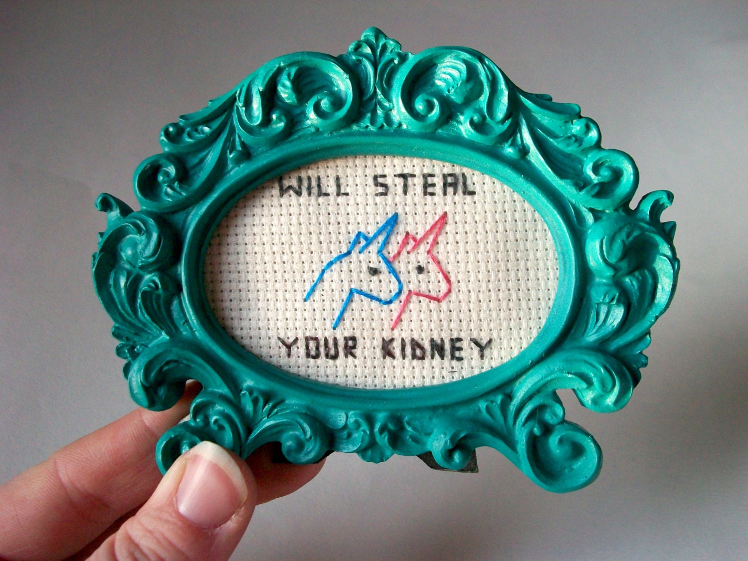 Steal Your Kidney - Charlie the Unicorn cross stitch, framed