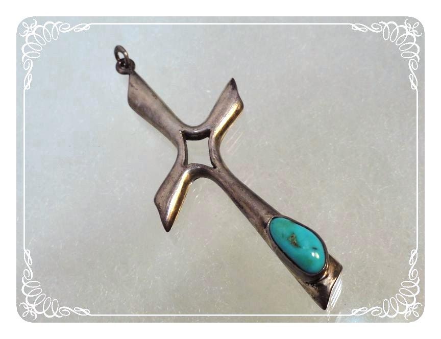 Vintage Sterling Silver Modernist Cross with Turquoise - Pendant - 1545a-120312000