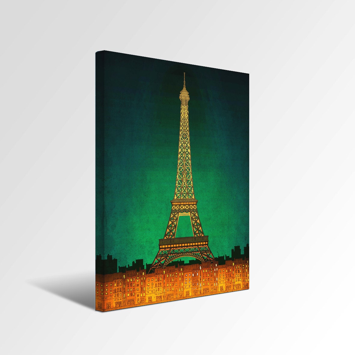 Canvas print - 12x16 - Paris by night - Paris illustration,Ready to hang,Paris decor,Love,green,orange,wall decor,Home decor
