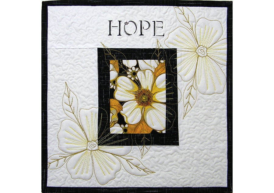 Flowers Fiber Art Wall Hanging Quilt  Black and Yellow Hope