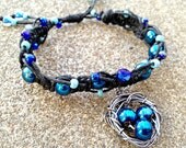 Macrame Hemp Bracelet- Wire Wrap Birds Nest Charm, Metallic Blue, Adjustable Length, OOAK Eco Friendly Jewelry