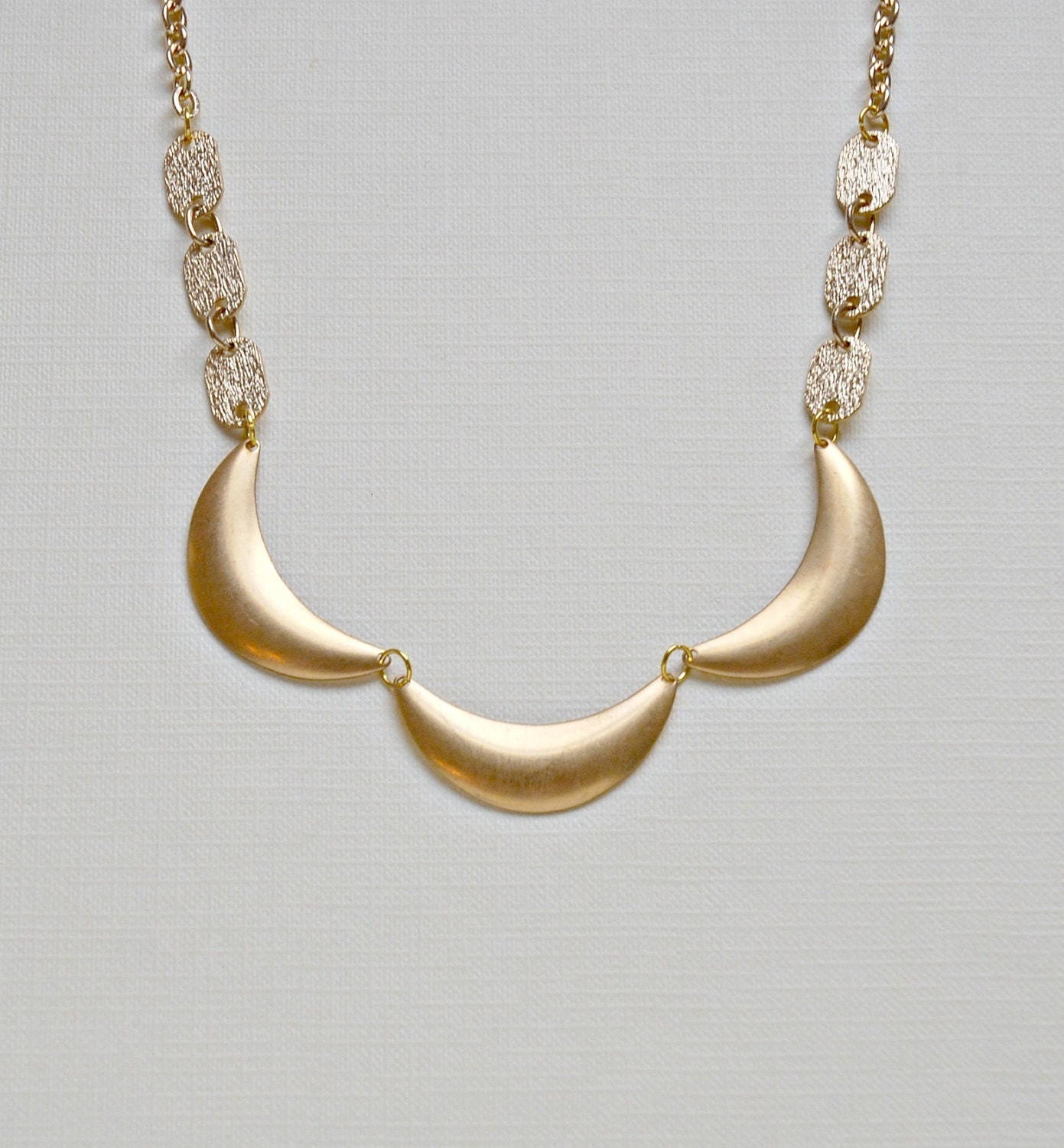 Brass scallop necklace - gold bib triple crescent moon bunting - geometric statement jewelry - one of a kind - sophisto