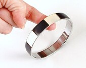 Vintage Mother of Pearl Bangle Bracelet MOP Shell Silver Black