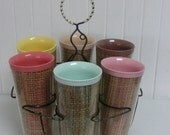 Set of Six 1960s Raffiaware Burlap Straw Weave Tumblers and Caddy Rack, Melmac, Sherbet Colors - Vintage Travel Trailer and Home Decor