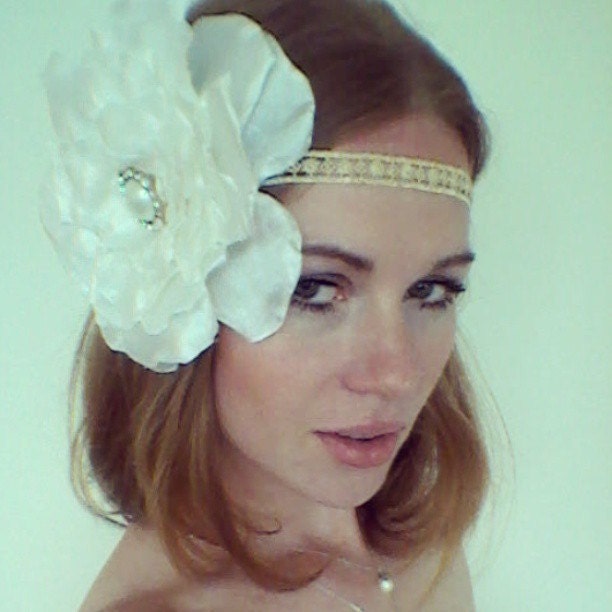 Great Gatsby 1920s Gold Ivory Headband - Daisy Buchanan - Great Gatsby Party - 1920s Flower Headband - Oversize Flower