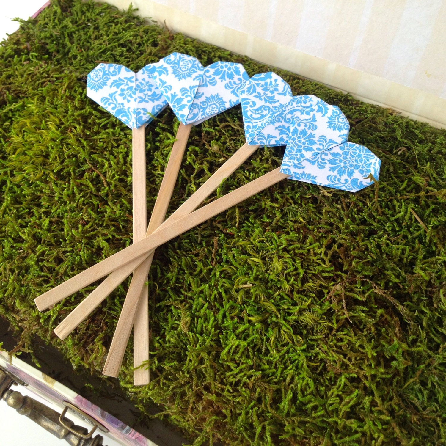 Origami Hearts Cupcake Toppers, Drink Stirrers, Wedding Party Picks - sets of 20 any Damask color