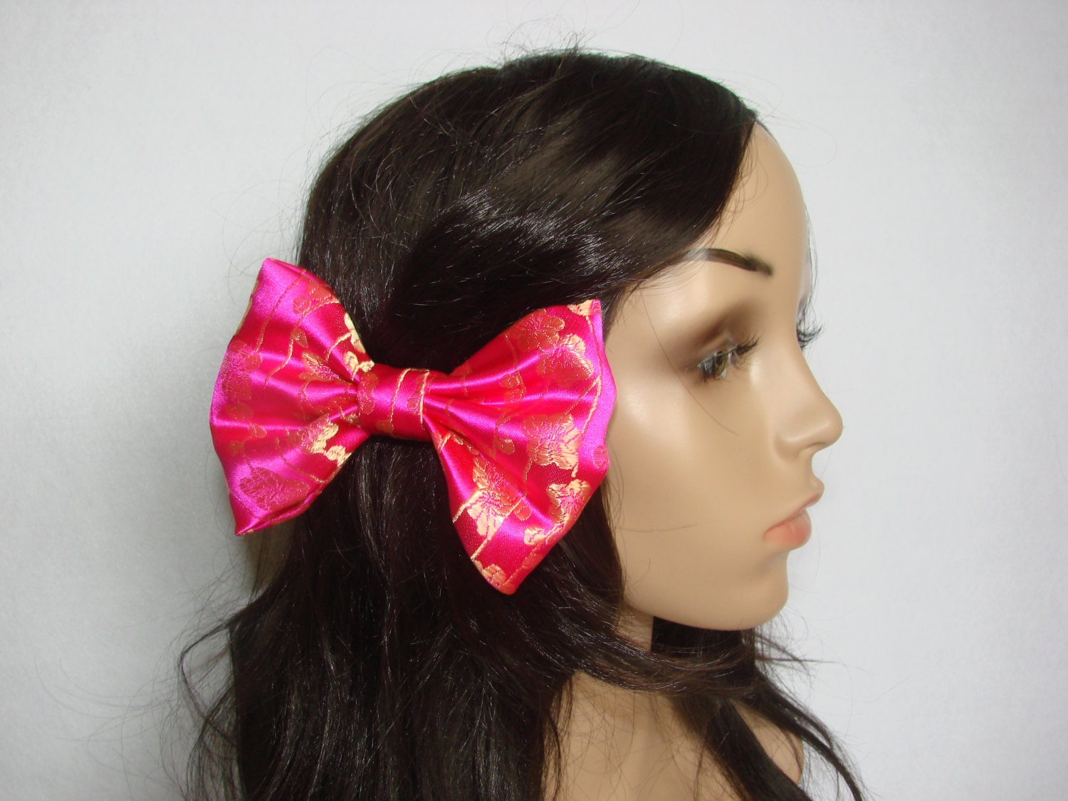 Beautiful Big Bow Hair Clip Hot Pink Yellow Flowers Asian Princess Print Fabric Spring ,Handmade Girl Teen Adult , Large Bow Hair Clip