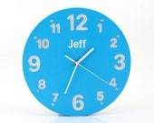 Wall clock for kid's room with your choice of name on it Blue color  birch wood  hand painted