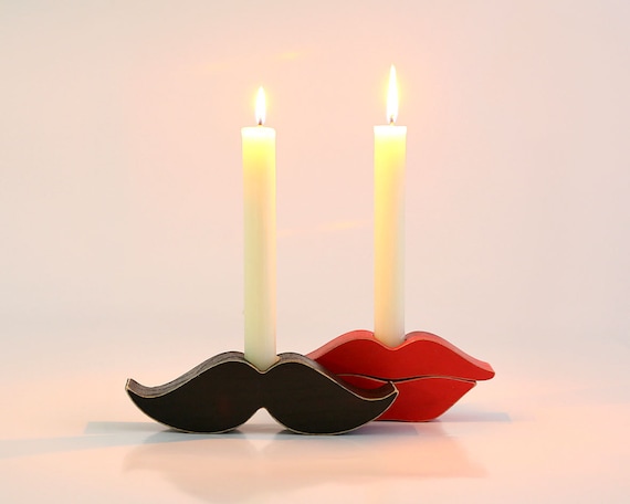 candle holder - Lips and mustache -  made out of solid wood hand sanded and painted
