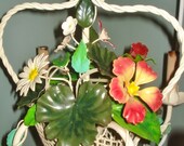 Vintage Italian Tole Metal Chandelier Flower Basket w Roses Daisies Ivy Farmhouse Cottage Chic