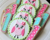 Girly Pink Owl Decorated Cookies and Number Cookies, pink and green party favors