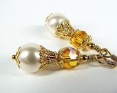 Yellow crystal earrings White Swarovski pearl dangle beaded earrings Bridesmaid gift Prom wedding bridal jewelry Beaded jewelry Mothers Day