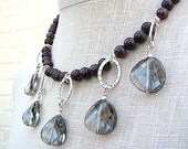 Grey crystal bib necklace Red ruby necklace Contemporary sterling silver jewelry  Single strand gemstone beaded jewelry