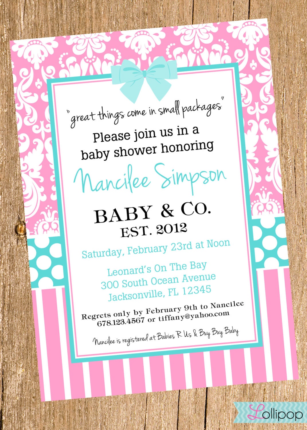 Tiffany Baby Shower Printable Invitation, Personalized Tiffany Blue and Pink Baby Shower Invite