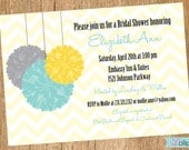 Bridal Shower Printable Party Invitation, Personalized Yellow Chevron, Vintage Blue and Gray Bridal Shower Invite