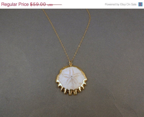 Memorial Day Sale Sand Dollar 24k edged Necklace - Exclusive Fossilized Sanddollar pendant gold layered- Gold fill chain