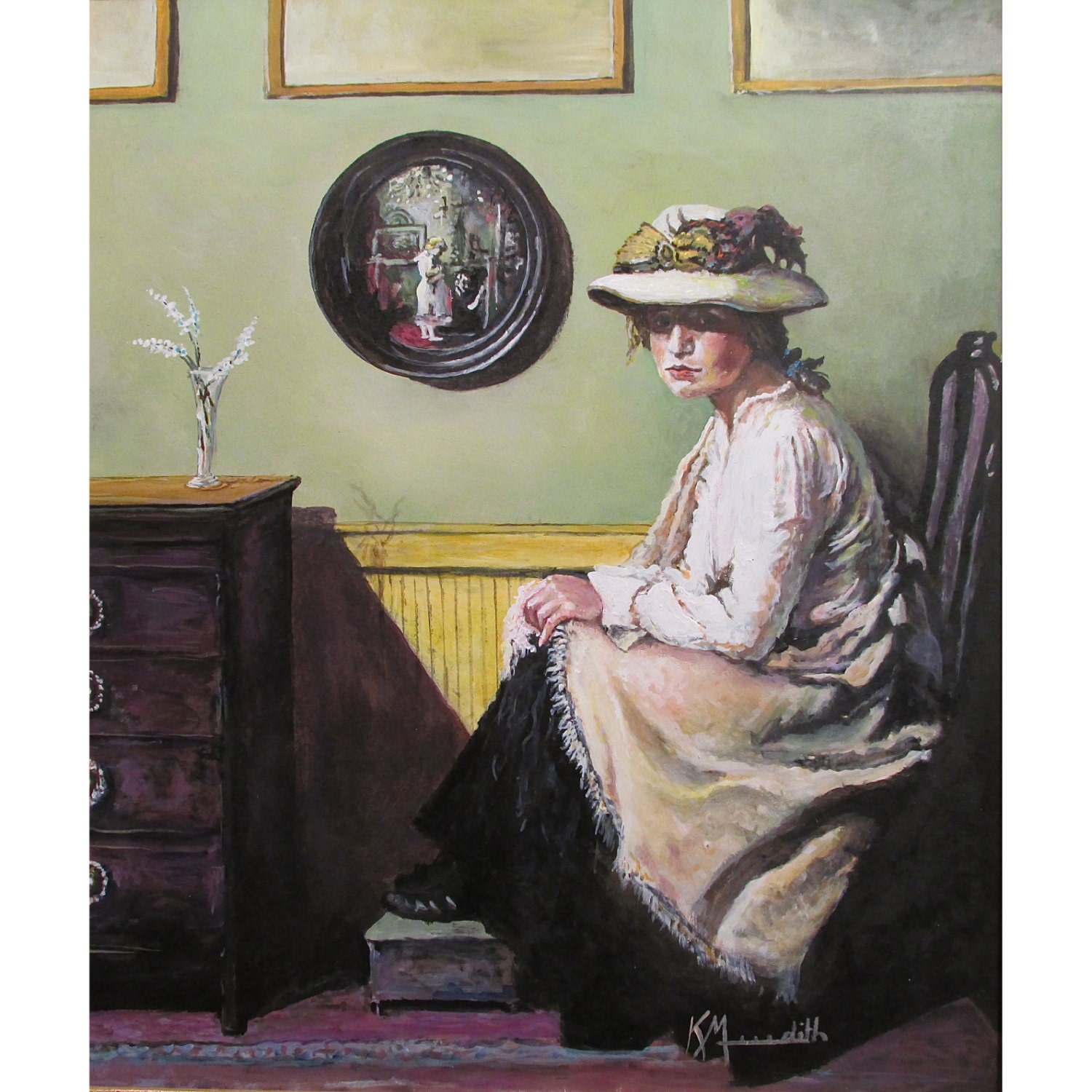 Woman seated with hat, an original print