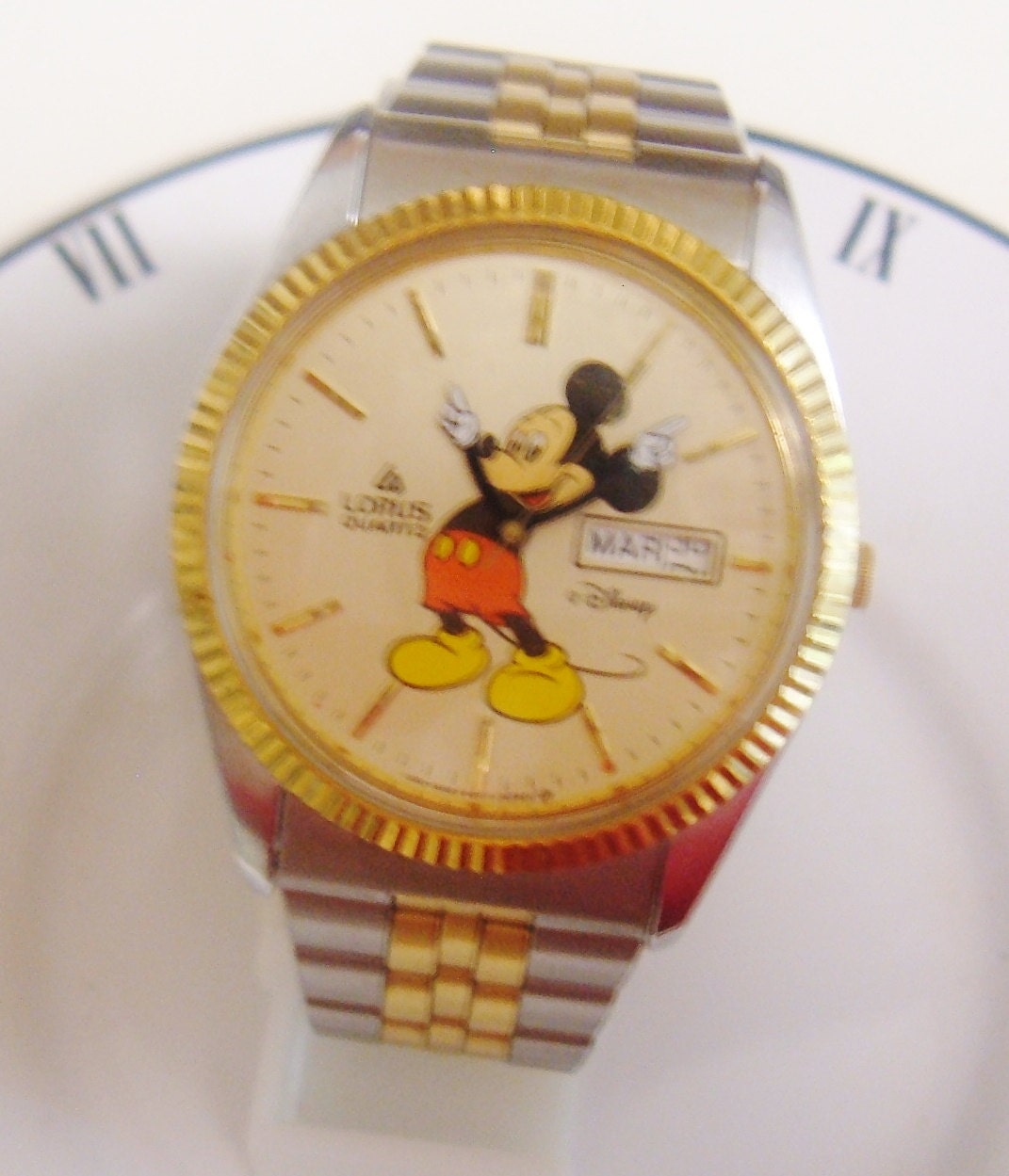 Disney,Mickey Mouse Watch, Lorus,Day Date, 2 Tone Metal  Expansion Band Gifts for Men