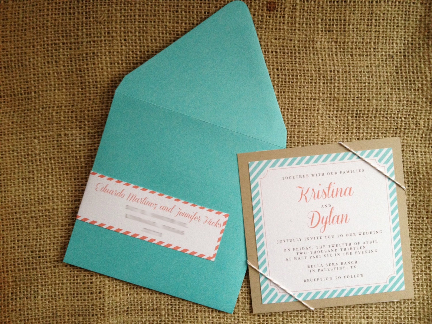 Kristina Striped Tiffany Blue Coral Vintage Simple Contemporary Elegant Wedding Invitation Bakers Twine Indie Shabby Chic Country Boho