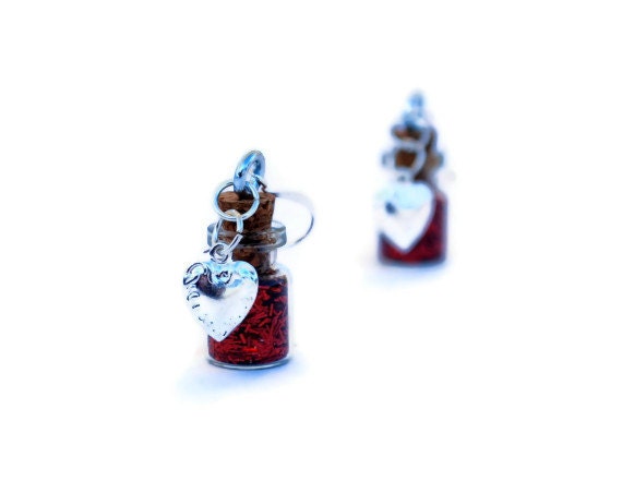 Heart Earrings, Valentines Day, Red, Glitter, cork jar, tiny glass jar - thesetinytreasures