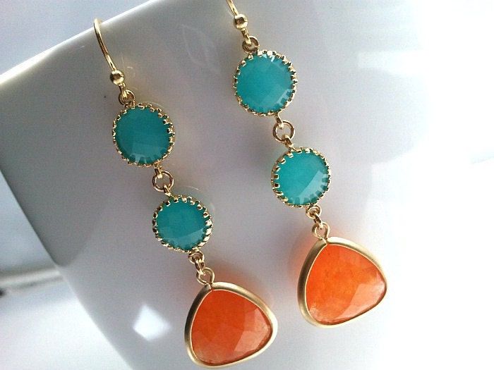 Spring Collection Orange and Mint Gold Earrings,Drop, Dangle, Glass Earrings, bridesmaid gifts,Wedding jewelry