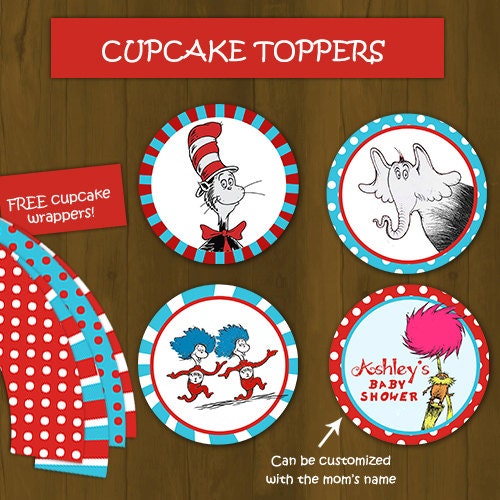 Dr. Seuss Baby Shower Cupcake toppers with Free Cupcake Wrapper (featuring Cat in the Hat, Lorax, Thing 1 and Thing 2 and Horton)