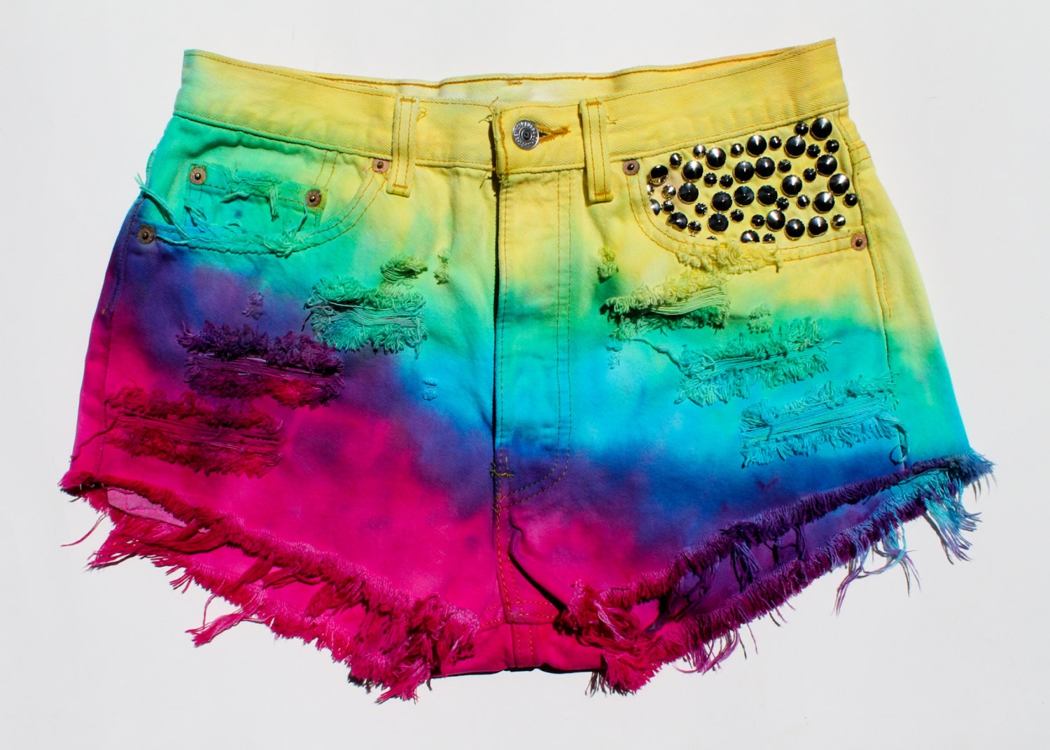 Rainbow High Waisted Denim Shorts Vintage Levis Dyed Denim Shorts Studded Cutoffs