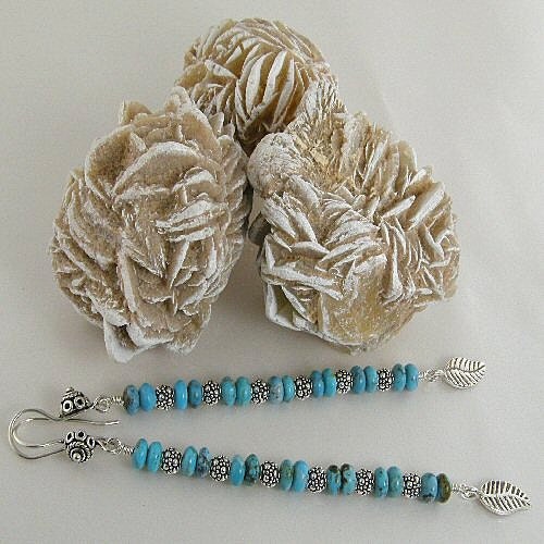 Turquoise Sterling Silver Bead Earrings, Karen Hill Tribe Leaf Turquoise Long Earrings