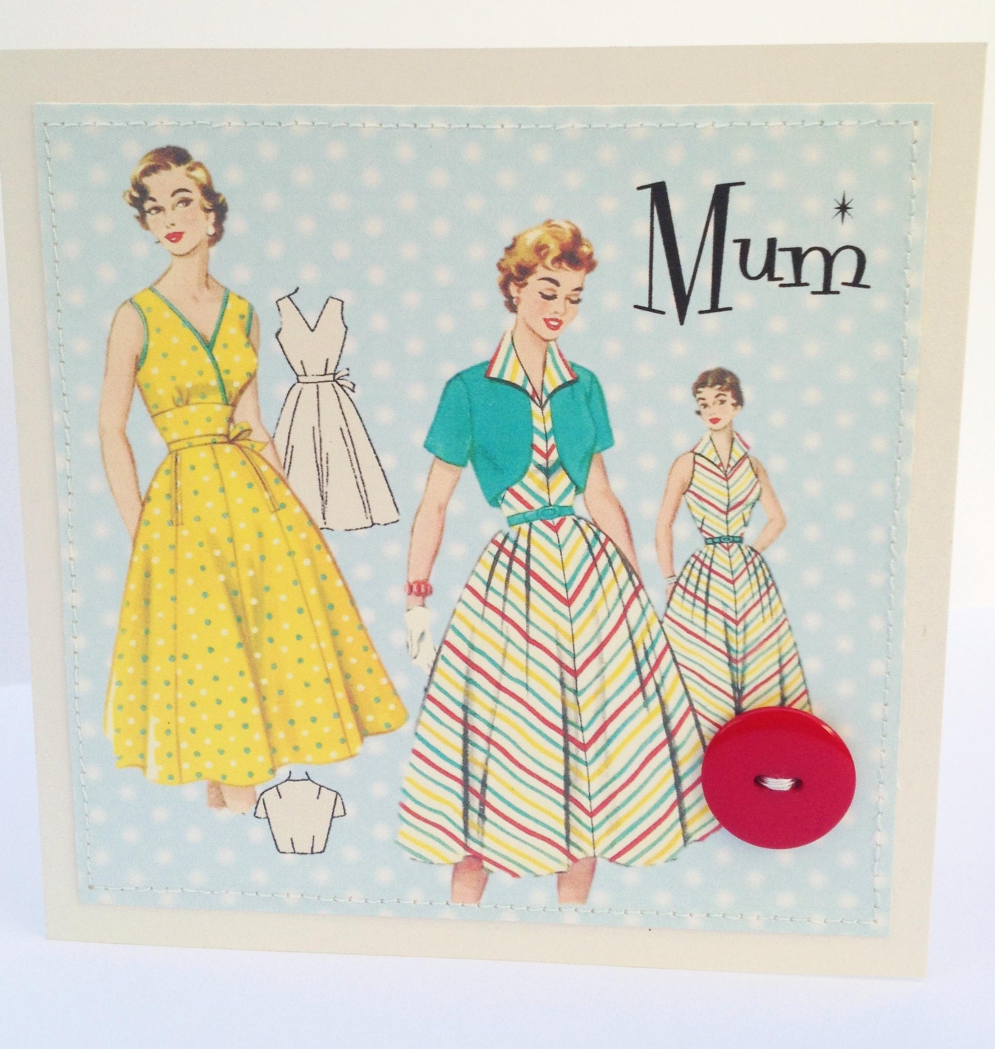 Birthday Card Mum Mothers 1950's Vintage Ladies Retro Chevron Red Button
