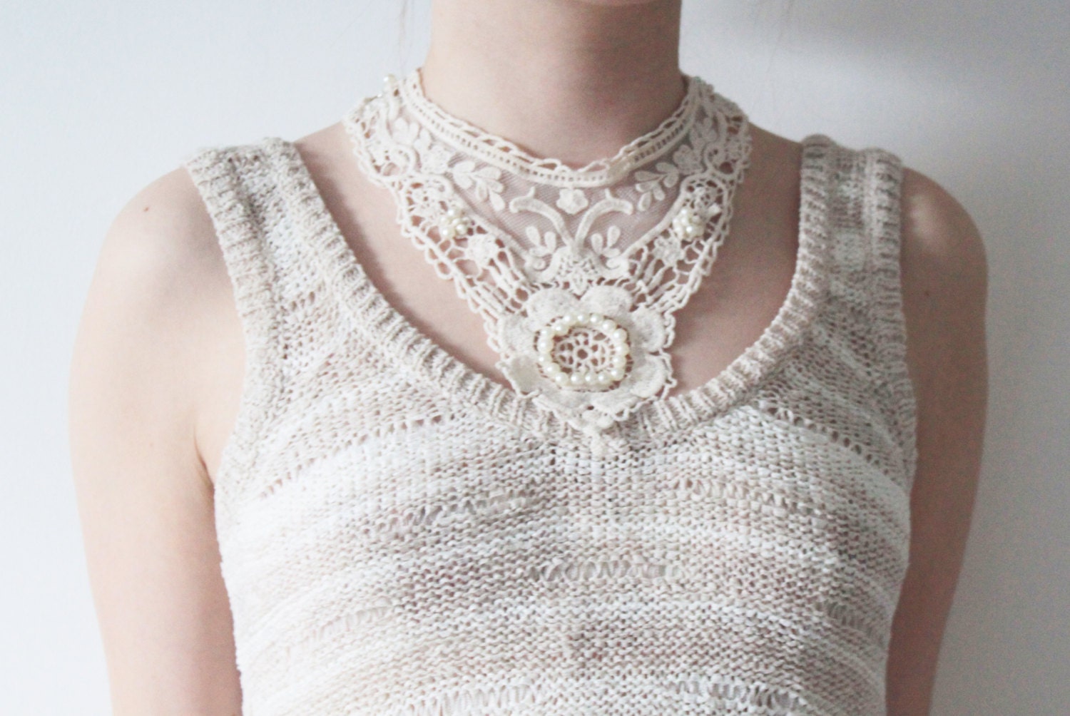 NEW IN:  Lace and Pearl Embellished Collar with Ribbon - FREE Shipping