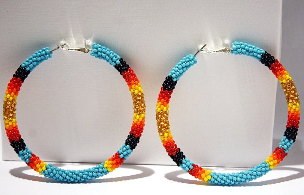 Turquoise Native American Beaded Hoop Earrings