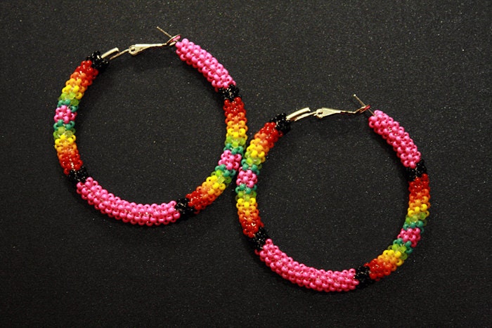 Hot Pink Native American Beaded Hoop Earrings