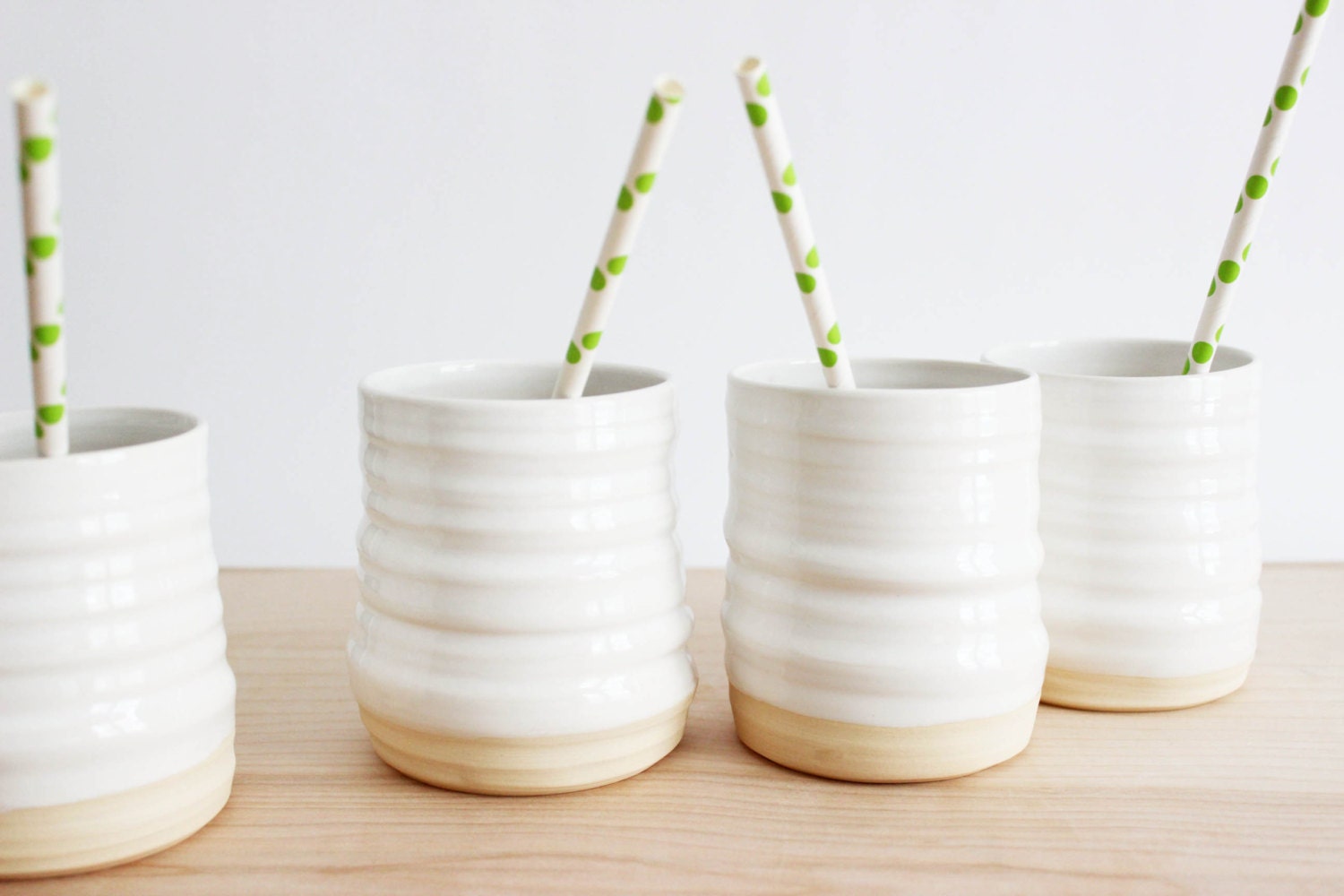 Summer drink cups, set of four white ceramic pottery tumblers, spring