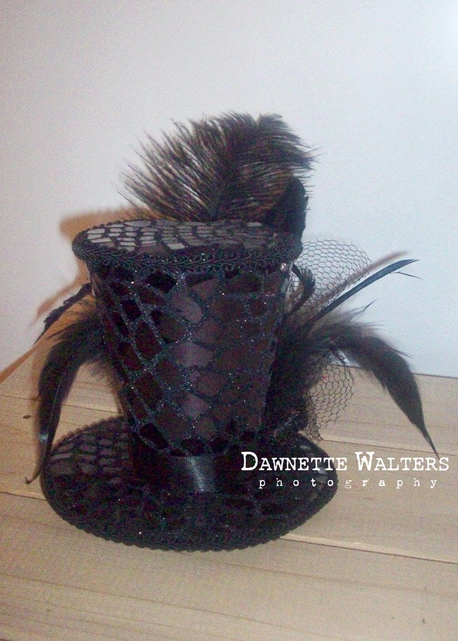 Black Animal Print Mini Top Hat Fascinator Gothic  Burlesque Pageant Halloween Costume Tea Party