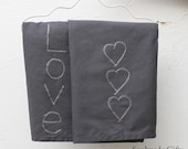 Set of two Valentine tea towels Embroidered dish kitchen towel cotton grey towels
